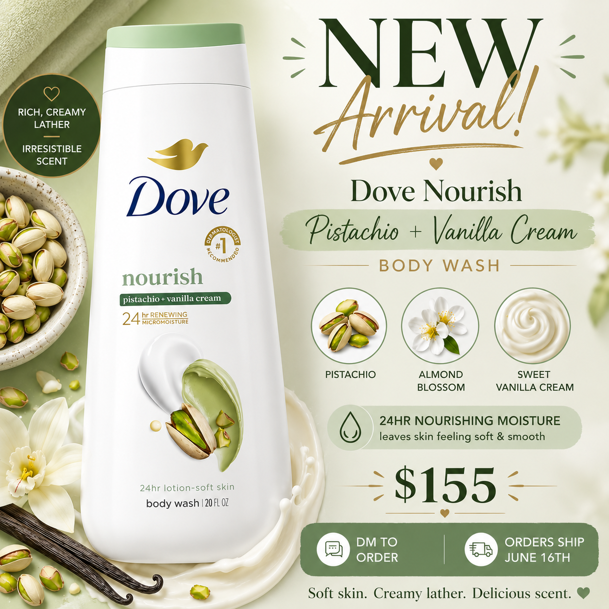 🤍 Dove Nourish Body Wash - Pistachio & Vanilla Cream 🤍
